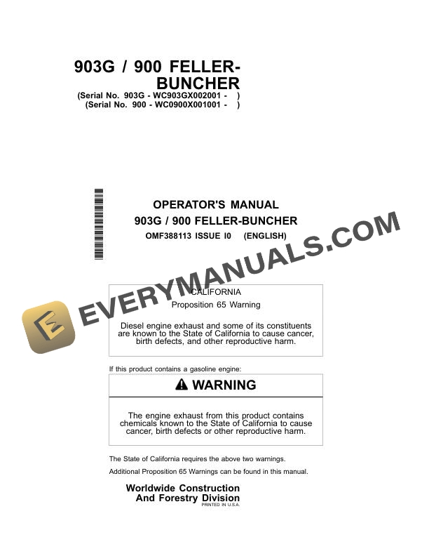 John Deere 903G, 900 Fell Buncher Operator Manual OMF388113