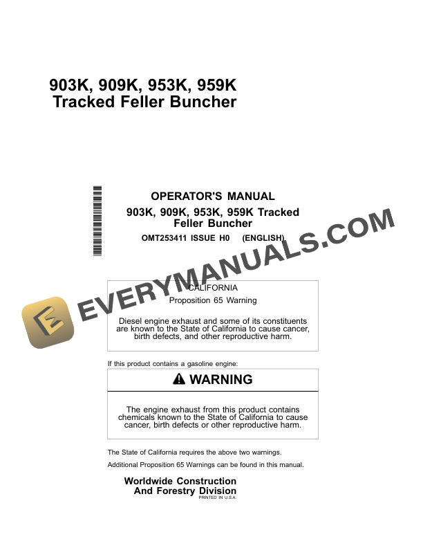 John Deere 903K 909K 953K 959K Tracked Feller Buncher Operator Manual OMT253411