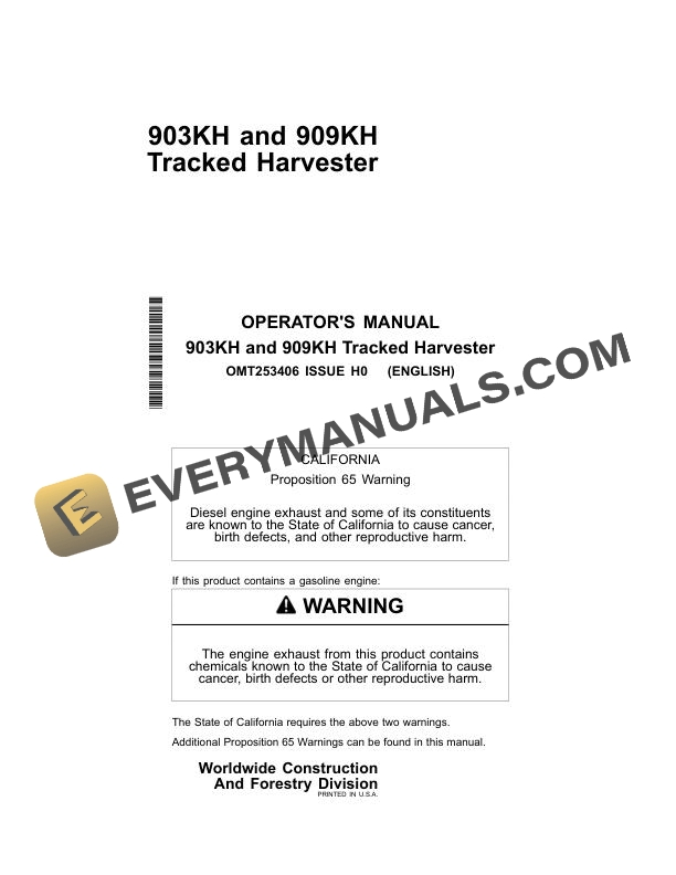 John Deere 903KH 909KH Tracked Harvester Operator Manual OMT253406