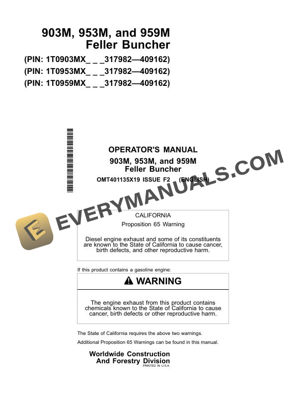 John Deere 903M 953M 959M Feller Buncher Operator Manual OMT401135X19