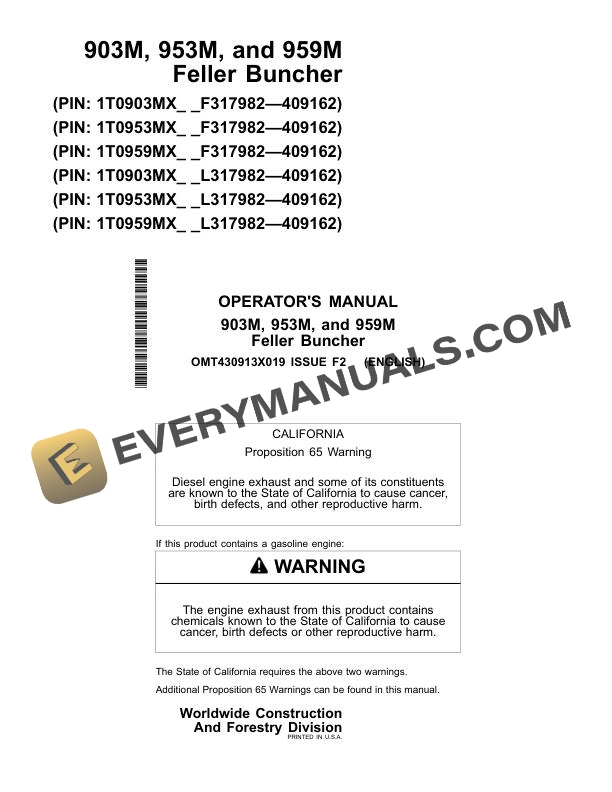 John Deere 903M, 953M, 959M Feller Buncher Operator Manual OMT430913X019