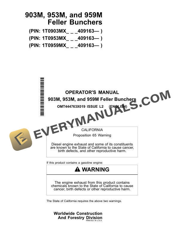 John Deere 903M, 953M, 959M Feller Buncher Operator Manual OMT444763X019