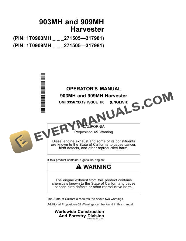 John Deere 903MH, 909MH Harvester Operator Manual OMT335673X19