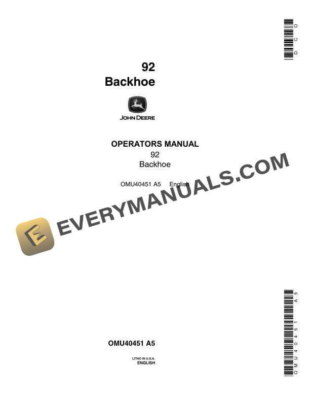 John Deere 92 Backhoe Operator Manual OMU40451
