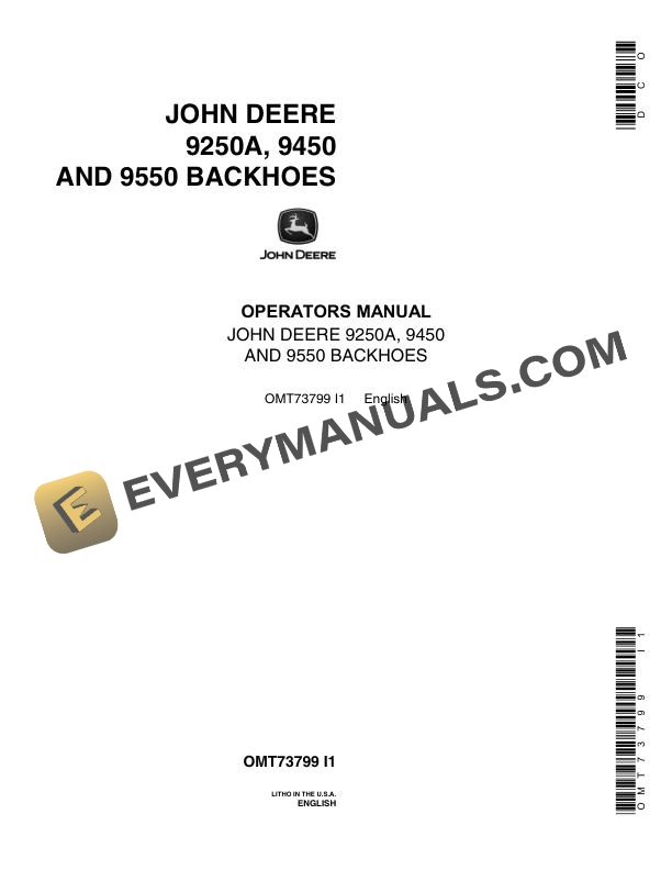 John Deere 9250A 9450 9550 Backhoe Operator Manual OMT73799