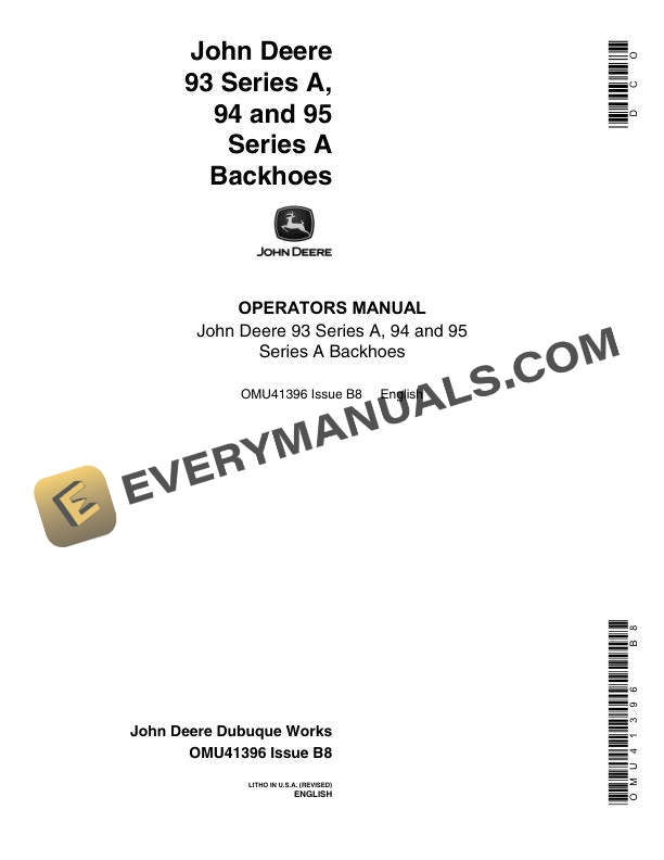 John Deere 93, 94, 95 Series A Backhoe Operator Manual OMU41396