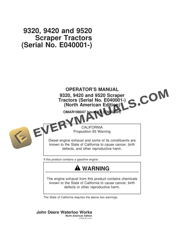 John Deere 9320 9420 9520 Scraper Tractor Operator Manual OMAR198047