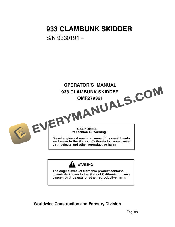 John Deere 933 Clambunk Skidder Operator Manual OMF279361