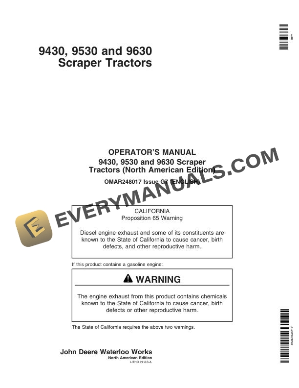 John Deere 9430, 9530, 9630 Scraper Tractor Operator Manual OMAR248017