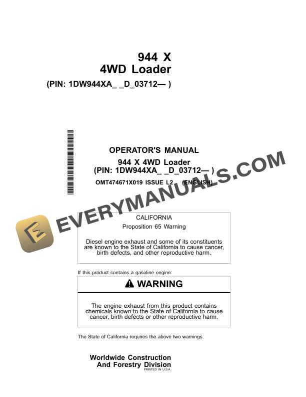 John Deere 944 X 4WD Loader Operator Manual OMT474671X019