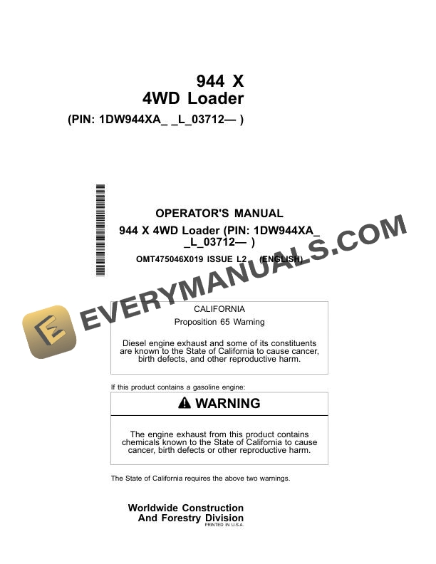 John Deere 944 X 4WD Loader Operator Manual OMT475046X019