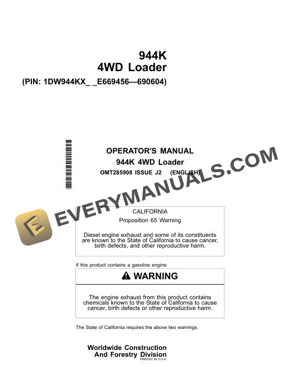 John Deere 944K 4WD Loader Operator Manual OMT285908
