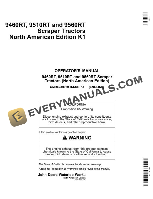 John Deere 9460RT, 9510RT, 9560RT Scraper Tractor Operator Manual OMRE340980 2 John Deere 9460R 9510R 9560R Scraper Tractor Operator Manual OMRE340980