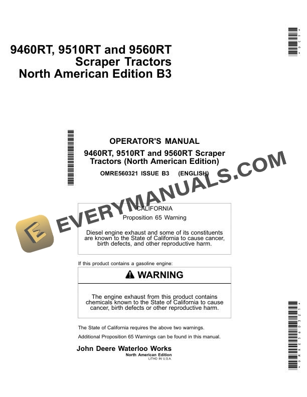 John Deere 9460RT, 9510RT, 9560RT Scraper Tractor Operator Manual OMRE560321 1 John Deere 9460RT 9510RT 9560RT Scraper Tractor Operator Manual OMRE560321