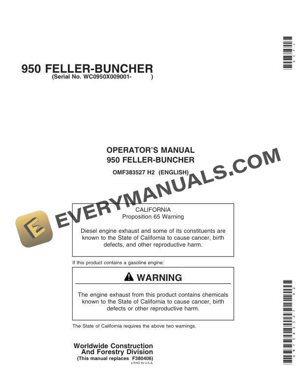 John Deere 950 Feller Buncher Operator Manual OMF383527