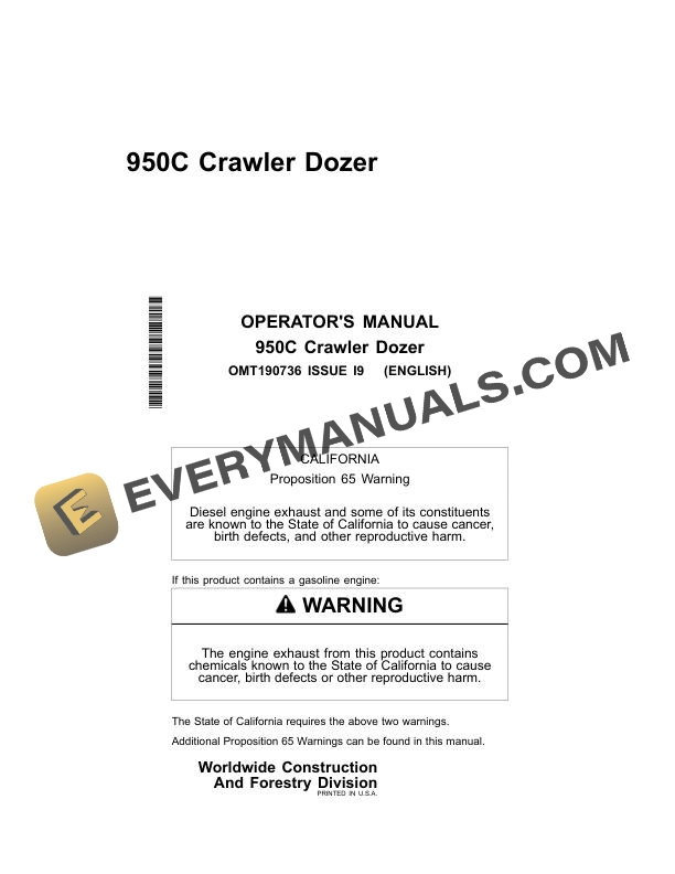 John Deere 950C Crawler Dozer Operator Manual OMT190736