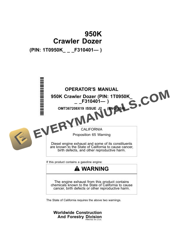 John Deere 950K Crawler Dozer Operator Manual OMT367208X19