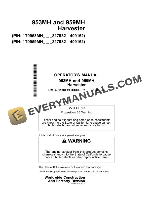 John Deere 953MH, 959MH Harvester Operator Manual OMT401138X19
