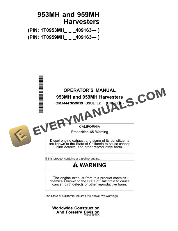 John Deere 953MH 959MH Harvester Operator Manual OMT444765X019