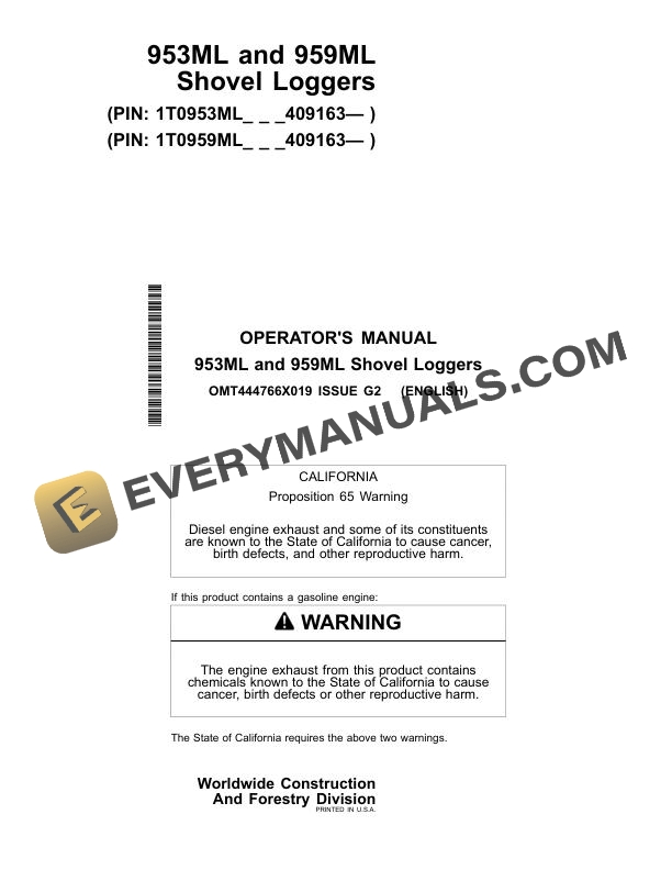 John Deere 953ML 959ML Shovel Logger Operator Manual OMT444766X019