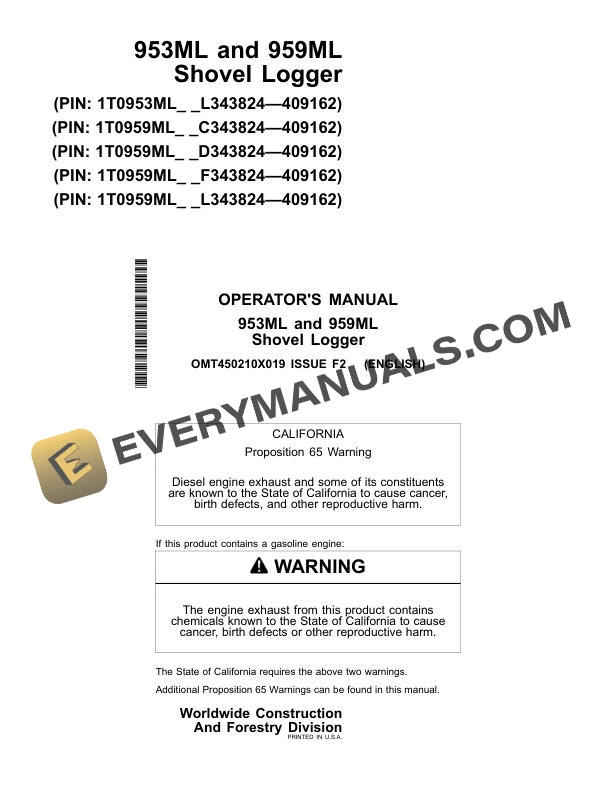 John Deere 953ML 959ML Shovel Logger Operator Manual OMT450210X019