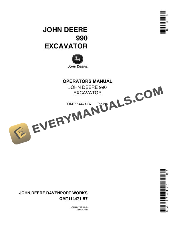 John Deere 990 Excavator Operator Manual OMT114471