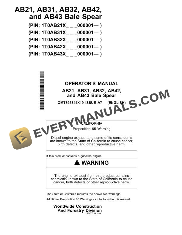 John Deere AB21 AB31 AB32 AB42 AB43 Bale Spear Operator Manual OMT395344X19