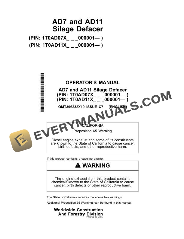 John Deere AD7, AD11 Silage Defacer Operator Manual OMT396232X19