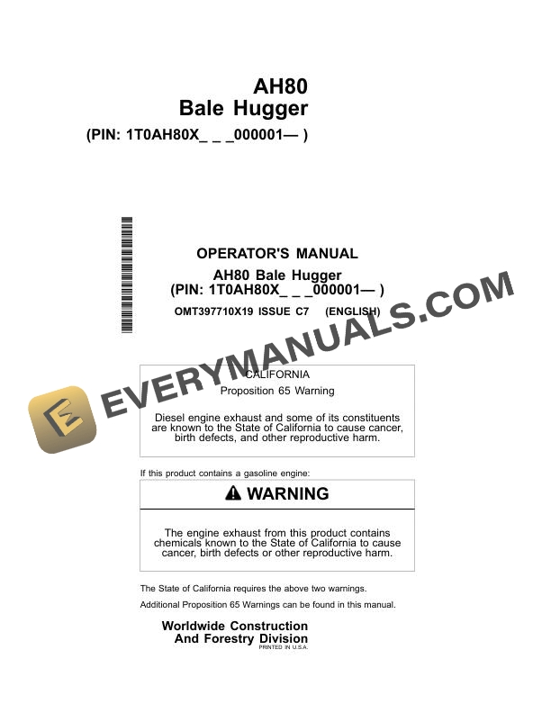 John Deere AH80 Bale Hugger Operator Manual OMT397710X19
