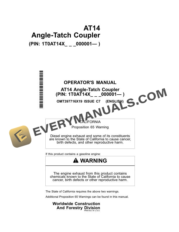 John Deere AT14 Angle Tatch Coupler Operator Manual OMT397716X19
