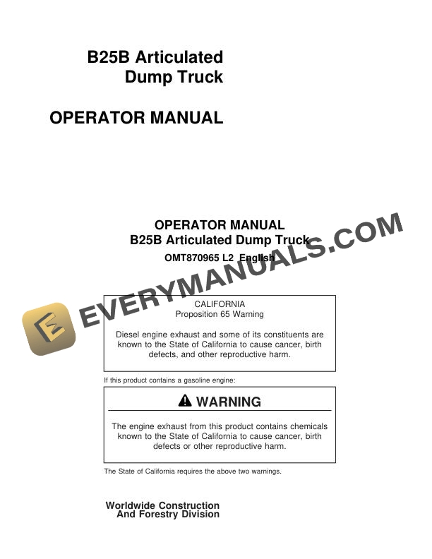John Deere B25B Articulated Dump Truck Operator Manual OMT870965