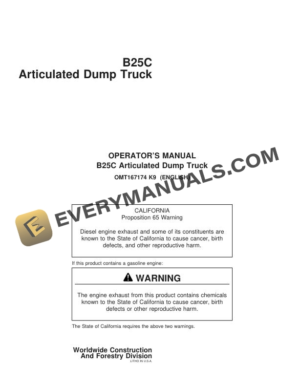 John Deere B25C Articulated Dump Truck Operator Manual OMT167174