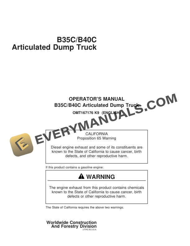 John Deere B35C B40C Articulated Dump Truck Operator Manual OMT167176
