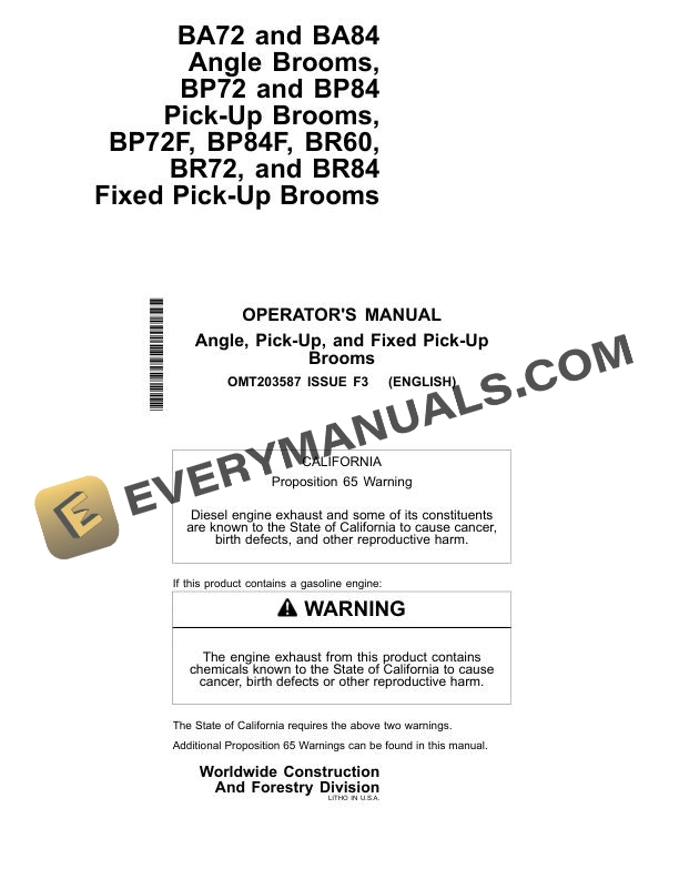 John Deere BA72, BA84 Angle, BP84 Pick-Up, BP72F, BP84F, BR60 to BR84 Fixed Pick-Up Broom Operator Manual OMT203587