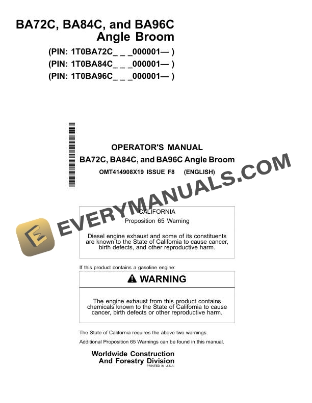 John Deere BA72C BA84C BA96C Angle Broom Operator Manual OMT414908X19