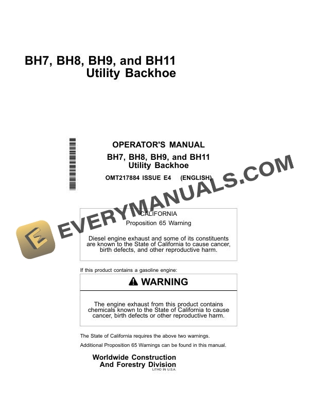 John Deere BH7, BH8, BH9, BH11 Utility Backhoe Operator Manual OMT217884