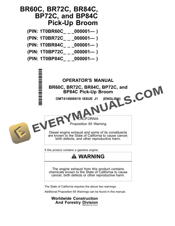 John Deere BR60C BR72C BR84C BP72C BP84C Pick Up Broom Operator Manual OMT414909X19