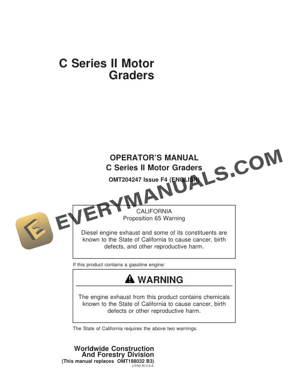 John Deere C Series II Motor Grader Operator Manual OMT204247