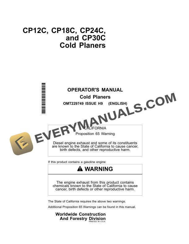 John Deere CP12C, CP18C, CP24C, CP30C Cold Planer Operator Manual OMT229749