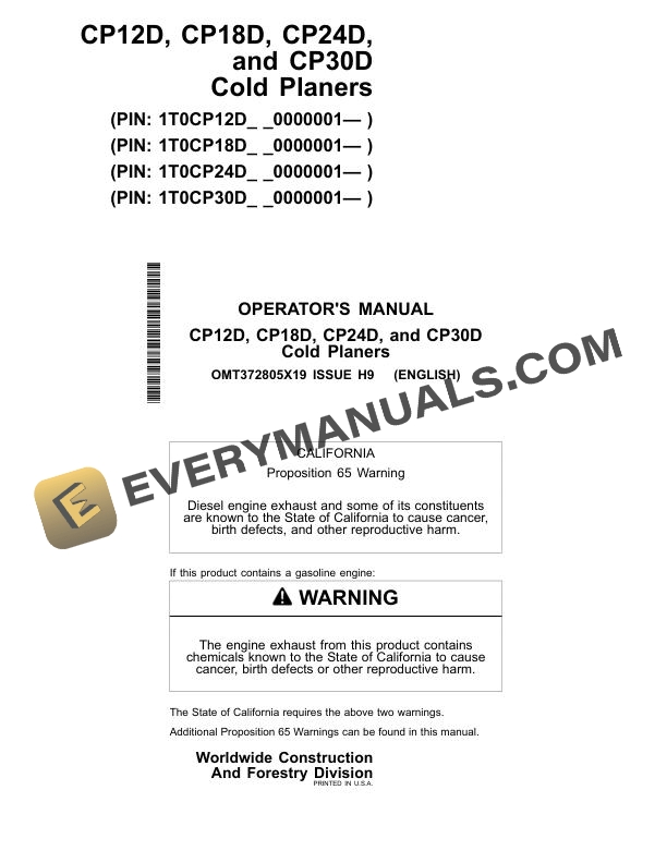 John Deere CP12D CP18D CP24D CP30D Cold Planer Operator Manual OMT372805X19