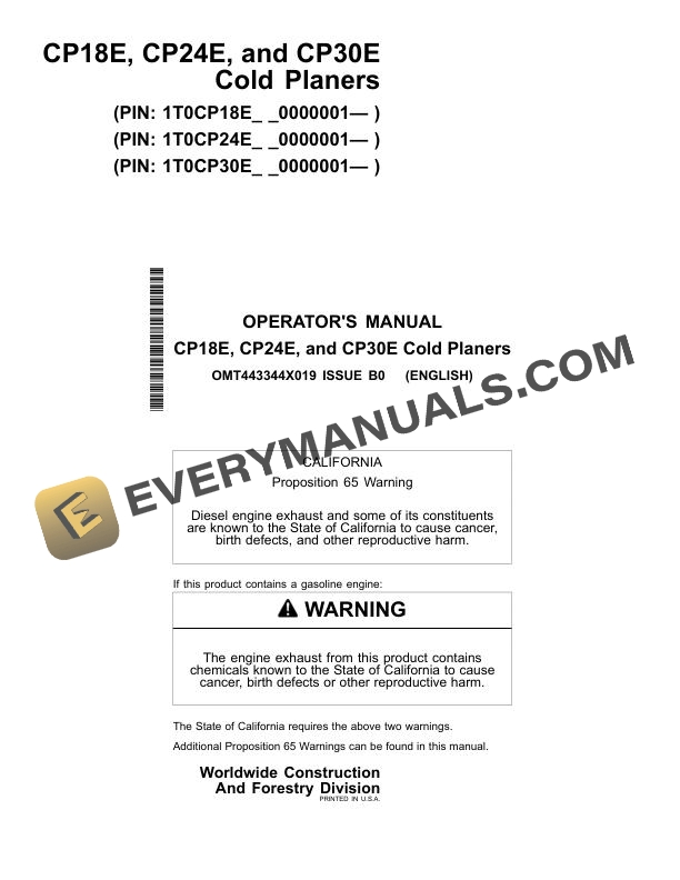 John Deere CP18E CP24E CP30E Cold Planer Operator Manual OMT443344X019