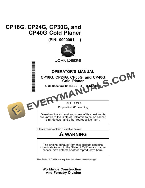 John Deere CP18G, CP24G, CP30G, CP40G Cold Planer Operator Manual OMT490696X019