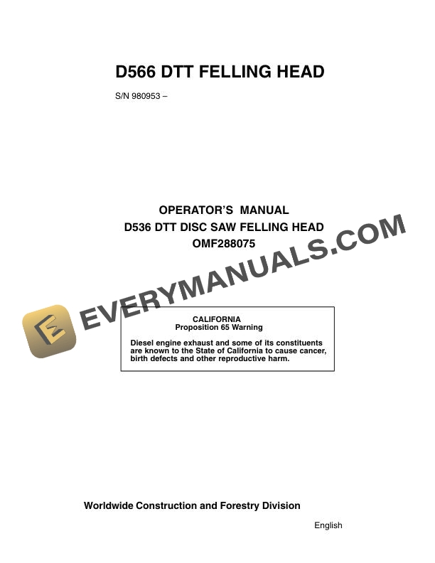 John Deere D566 Dtt Disc Saw Felling Head Operator Manual OMF288075