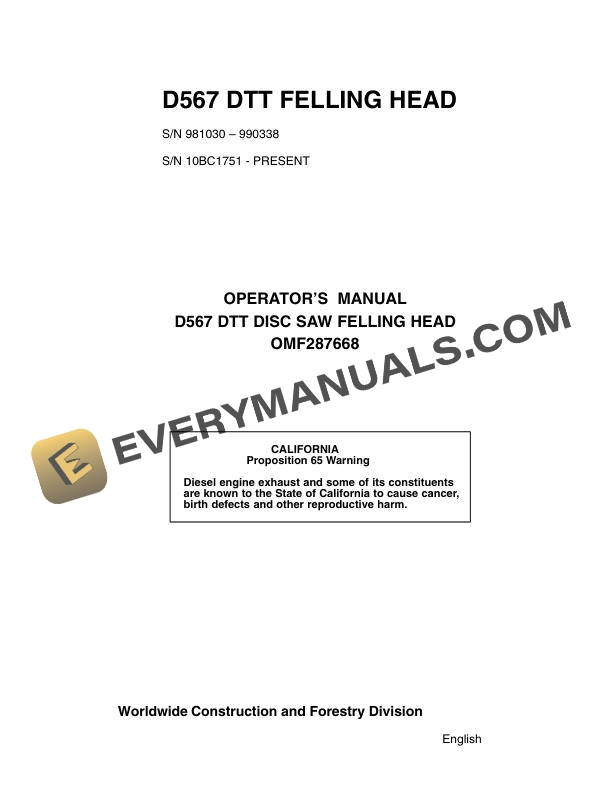 John Deere D567 Dtt Disc Saw Felling Head Operator Manual OMF287668