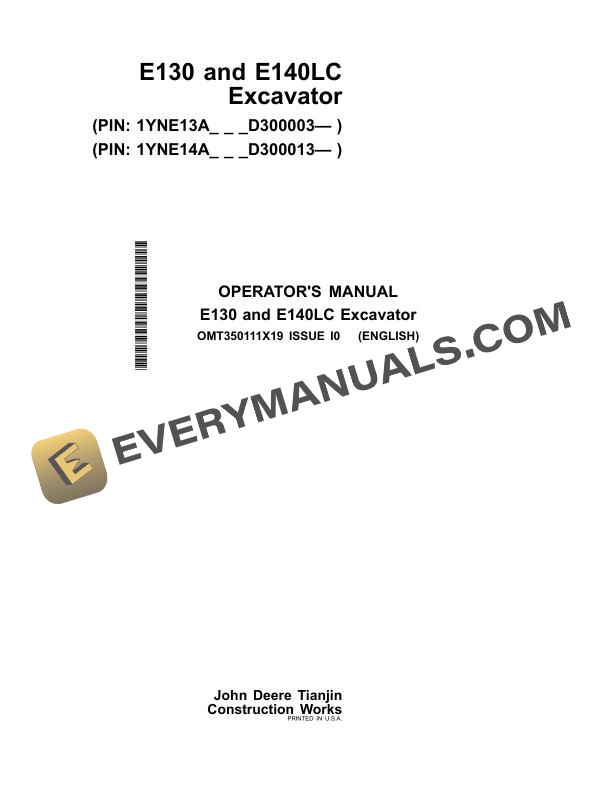 John Deere E130 E140LC Excavator Operator Manual OMT350111X19