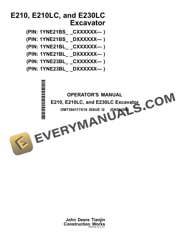 John Deere E210, E210LC, E230LC Excavator Operator Manual OMT384117X19