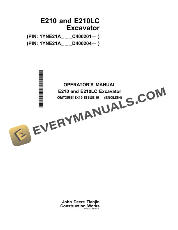 John Deere E210, E210LC Excavator Operator Manual OMT358611X19