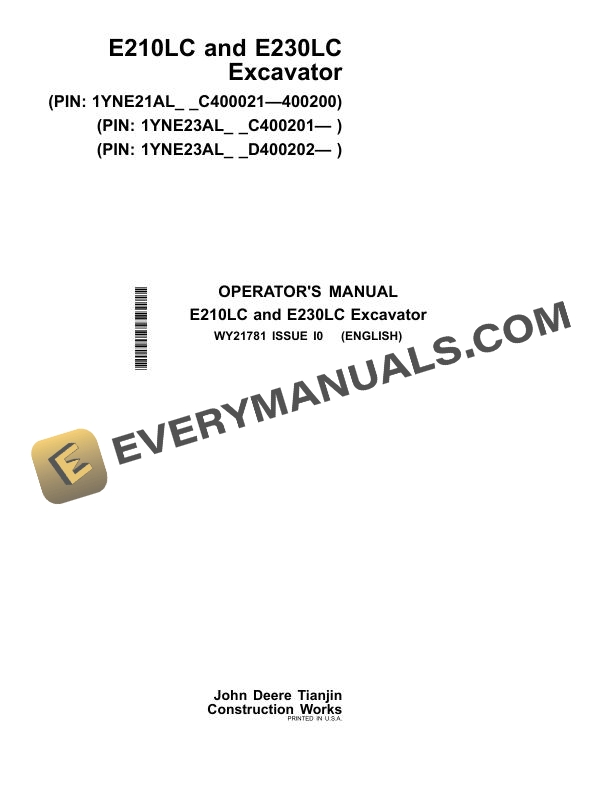 John Deere E210LC, E230LC Excavator Operator Manual WY21781