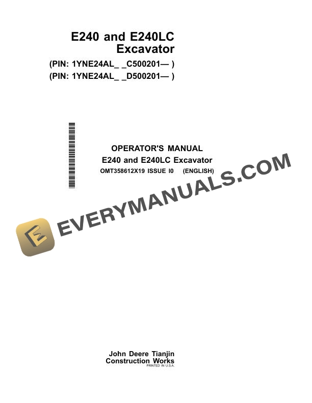 John Deere E240 E240LC Excavator Operator Manual OMT358612X19