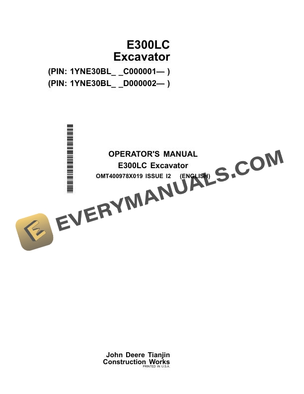 John Deere E300LC Excavator Operator Manual OMT400978X019